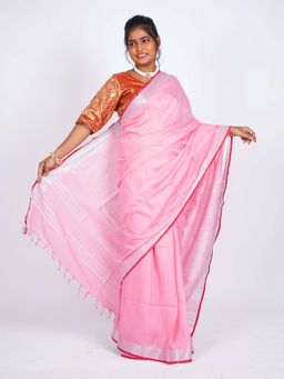 ANUTTARA - Bhagalpuri Pink Cotton Linen Tassels Woven Saree with Unstitched Blouse