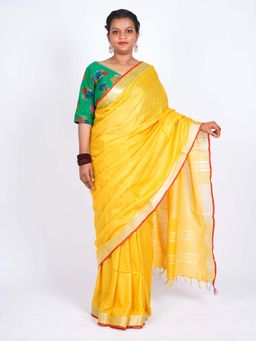 ANUTTARA - Bhagalpuri Yellow Cotton Linen Tassels Woven Saree with Unstitched Blouse