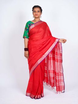 ANUTTARA - Bhagalpuri Red Cotton Linen Zari Solid/Plain Saree with Unstitched Blouse