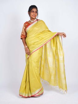 ANUTTARA - Bhagalpuri Light Yellow Cotton Linen Tassels Woven Saree with Unstitched Blouse