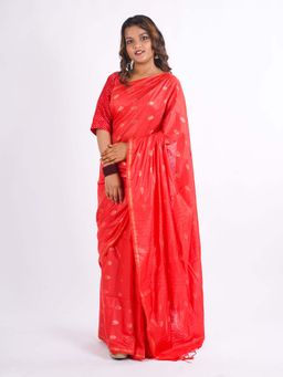 ANUTTARA - Bhagalpuri Red Cotton Silk Tassels Woven Saree with Unstitched Blouse