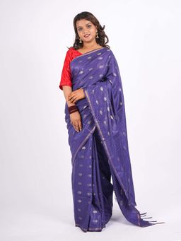 ANUTTARA - Bhagalpuri Navy Blue Cotton Silk Tassels Woven Saree with Unstitched Blouse