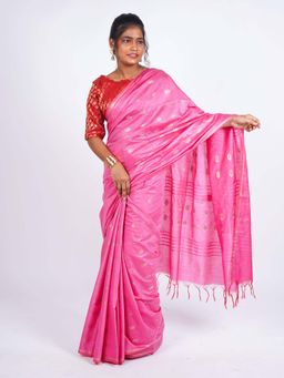 ANUTTARA - Bhagalpuri Pink Cotton Silk Tassels Woven Saree with Unstitched Blouse