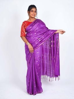 ANUTTARA - Bhagalpuri Purple Cotton Silk Tassels Woven Saree with Unstitched Blouse