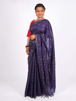 ANUTTARA - Bhagalpuri Blue Cotton Silk Tassels Woven Saree with Unstitched Blouse