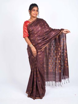 ANUTTARA - Bhagalpuri Brown Cotton Silk Tassels Woven Saree with Unstitched Blouse