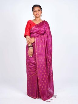ANUTTARA - Bhagalpuri Magenta Cotton Silk Tassels Woven Saree with Unstitched Blouse