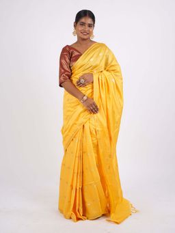 ANUTTARA - Bhagalpuri Yellow Cotton Silk Tassels Woven Saree with Unstitched Blouse
