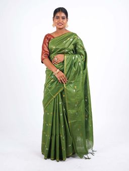 ANUTTARA - Bhagalpuri Green Cotton Silk Tassels Woven Saree with Unstitched Blouse
