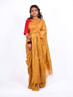 ANUTTARA - Bhagalpuri Mustard Cotton Silk Tassels Woven Saree with Unstitched Blouse
