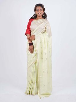 ANUTTARA - Bhagalpuri Green Cotton Silk Tassels Woven Saree with Unstitched Blouse