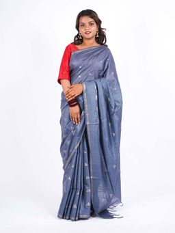 ANUTTARA - Bhagalpuri Grey Cotton Silk Tassels Woven Saree with Unstitched Blouse
