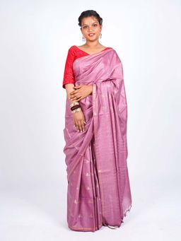 ANUTTARA - Bhagalpuri Pink Cotton Silk Tassels Woven Saree with Unstitched Blouse