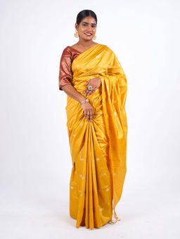 ANUTTARA - Bhagalpuri Yellow Cotton Silk Tassels Woven Saree with Unstitched Blouse