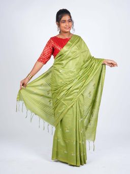 ANUTTARA - Bhagalpuri Green Cotton Silk Tassels Woven Saree with Unstitched Blouse