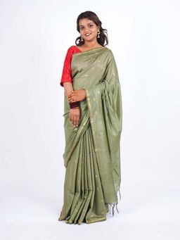 ANUTTARA - Bhagalpuri Green Cotton Silk Tassels Woven Saree with Unstitched Blouse