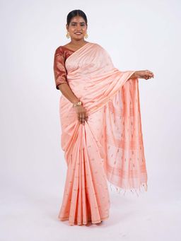 ANUTTARA - Bhagalpuri Peach Cotton Silk Tassels Woven Saree with Unstitched Blouse