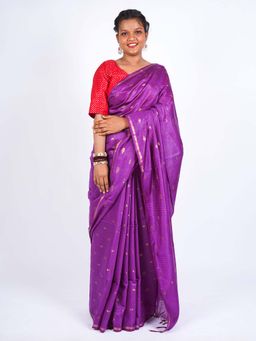 ANUTTARA - Bhagalpuri Purple Cotton Silk Tassels Woven Saree with Unstitched Blouse