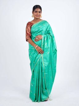 ANUTTARA - Bhagalpuri Aqua Cotton Silk Tassels Woven Saree with Unstitched Blouse
