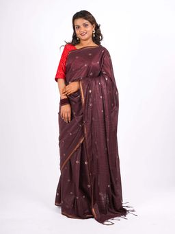 ANUTTARA - Bhagalpuri Brown Cotton Silk Tassels Woven Saree with Unstitched Blouse