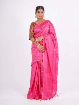ANUTTARA - Bhagalpuri Pink Cotton Silk Tassels Woven Saree with Unstitched Blouse