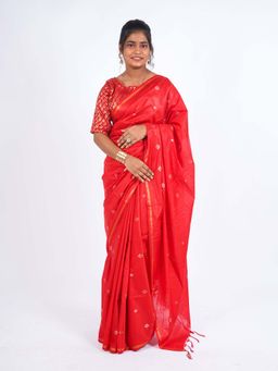 ANUTTARA - Bhagalpuri Red Cotton Silk Tassels Woven Saree with Unstitched Blouse