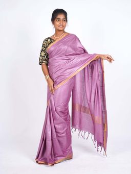 ANUTTARA - Bhagalpuri Lavender Cotton Blend Tassels Woven Saree with Unstitched Blouse
