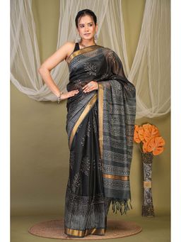 ANUTTARA - Bhagalpuri Black Doriya Hand Block Floral Saree with Unstitched Blouse