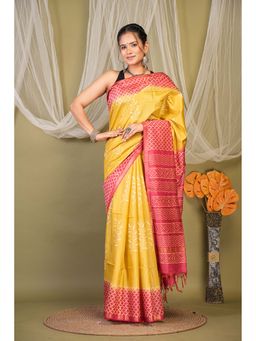 ANUTTARA - Bhagalpuri Yellow Cotton Silk Hand Block Floral Saree with Unstitched Blouse