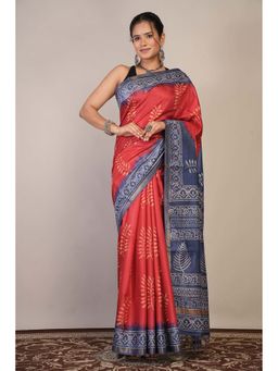 ANUTTARA - Bhagalpuri Red Cotton Silk Hand Block Floral Saree with Unstitched Blouse
