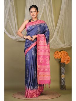 ANUTTARA - Bhagalpuri Navy Blue Cotton Silk Tassels Printed Saree with Unstitched Blouse