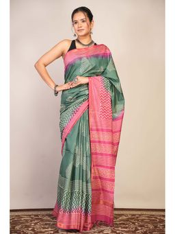 ANUTTARA - Bhagalpuri Green Cotton Silk Tassels Floral Saree with Unstitched Blouse