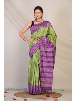 ANUTTARA - Bhagalpuri Green Cotton Silk Tassels Floral Saree with Unstitched Blouse