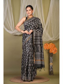 ANUTTARA - Bhagalpuri Black Cotton Silk Tassels Floral Saree with Unstitched Blouse