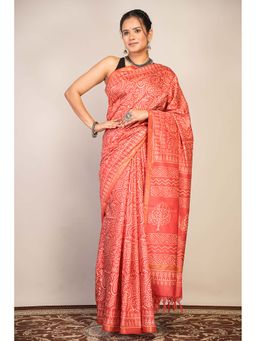 ANUTTARA - Bhagalpuri Red Cotton Silk Hand Block Floral Saree with Unstitched Blouse