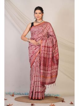 ANUTTARA - Bhagalpuri Maroon Cotton Silk Hand Block Printed Saree with Unstitched Blouse