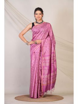 ANUTTARA - Bhagalpuri Purple Cotton Silk Hand Block Printed Saree with Unstitched Blouse