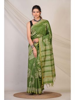 ANUTTARA - Bhagalpuri Green Cotton Silk Hand Block Printed Saree with Unstitched Blouse