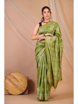 ANUTTARA - Bhagalpuri Green Cotton Silk Hand Block Printed Saree with Unstitched Blouse