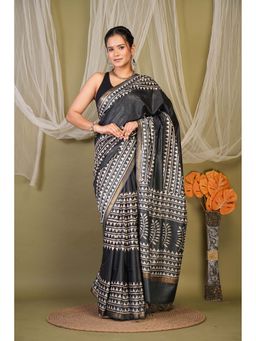 ANUTTARA - Bhagalpuri Black Cotton Silk Hand Block Printed Saree with Unstitched Blouse