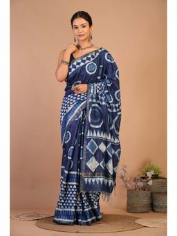ANUTTARA - Bhagalpuri Navy Blue Cotton Silk Hand Block Printed Saree with Unstitched Blouse