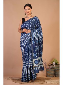 ANUTTARA - Bhagalpuri Navy Blue Cotton Silk Hand Block Printed Saree with Unstitched Blouse