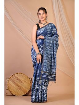 ANUTTARA - Bhagalpuri Navy Blue Cotton Silk Hand Block Printed Saree with Unstitched Blouse