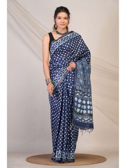 ANUTTARA - Bhagalpuri Navy Blue Cotton Silk Tassels Polka Dots Saree with Unstitched Blouse