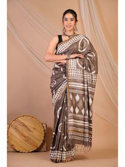 ANUTTARA - Bhagalpuri Brown Cotton Silk Hand Block Printed Saree with Unstitched Blouse