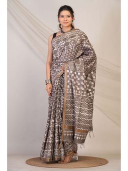 ANUTTARA - Bhagalpuri Brown Cotton Silk Hand Block Printed Saree with Unstitched Blouse