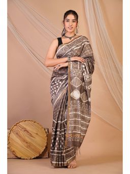 ANUTTARA - Bhagalpuri Brown Cotton Silk Hand Block Printed Saree with Unstitched Blouse