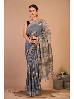 ANUTTARA - Bhagalpuri Grey Pure Cotton Hand Block Printed Saree with Unstitched Blouse