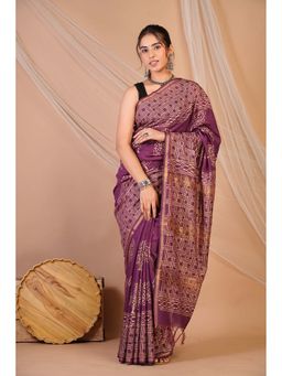 ANUTTARA - Bhagalpuri Purple Pure Cotton Hand Block Printed Saree with Unstitched Blouse
