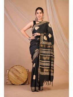 ANUTTARA - Bhagalpuri Black Pure Cotton Tassels Printed Saree with Unstitched Blouse